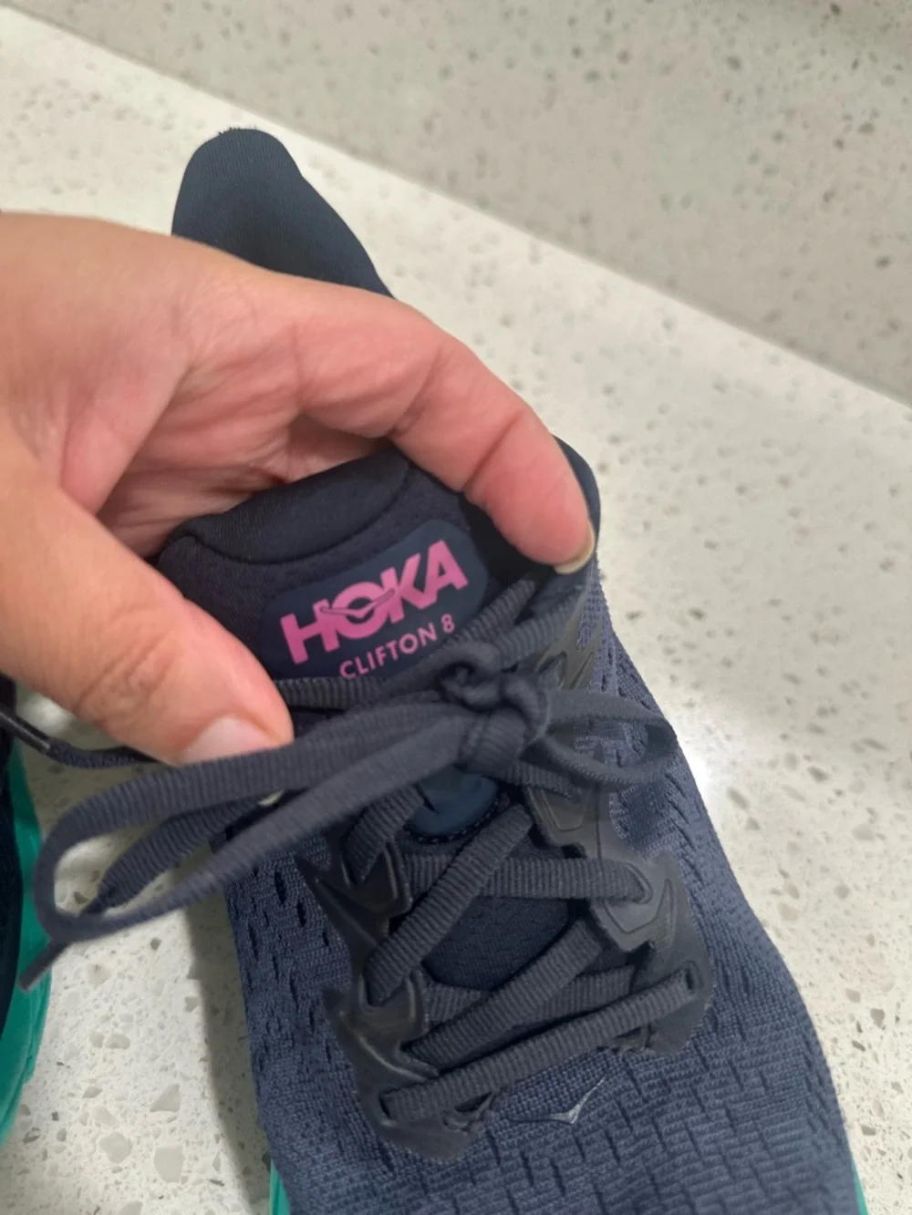 Hoka Women's Navy Blue Teal Running Shoes with Pink Logo - Picture 11 of 15